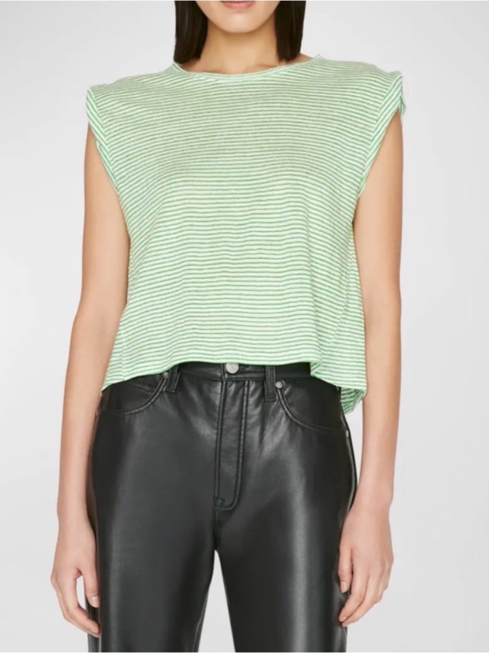 FRAME Linen Lightweight Muscle Tee Green White Stripped Size Medium